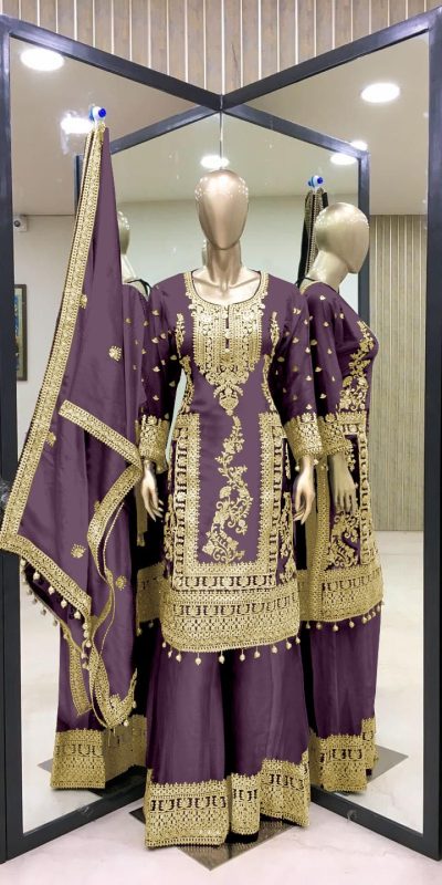 Fancy Light Purple Chinnon Silk Embroidery Coding Salwar Suit