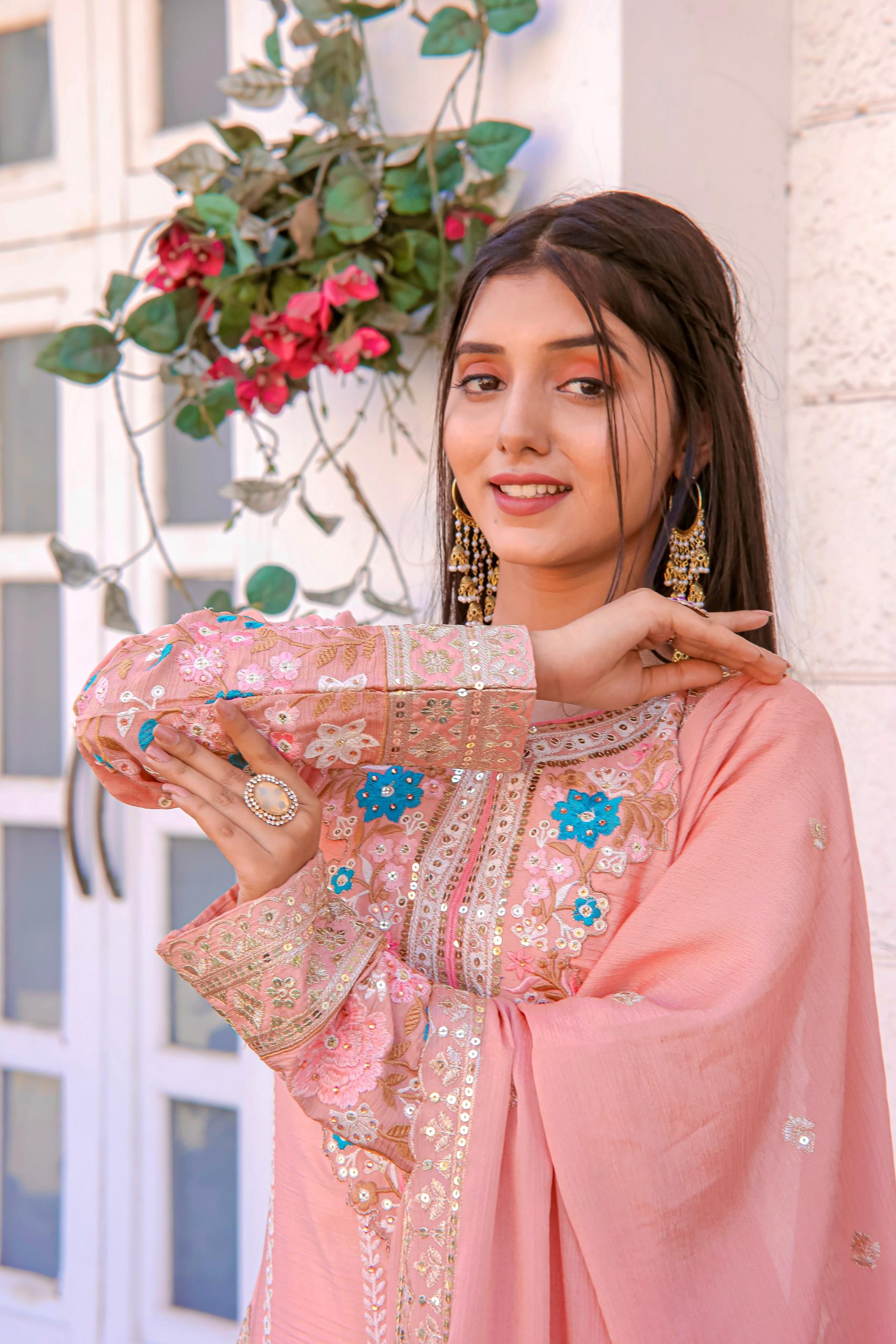 Fancy Peach Color Chinon Silk Diamond Work Sharara Suit