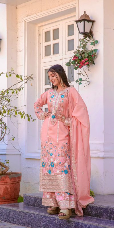 Fancy Peach Color Chinon Silk Diamond Work Sharara Suit