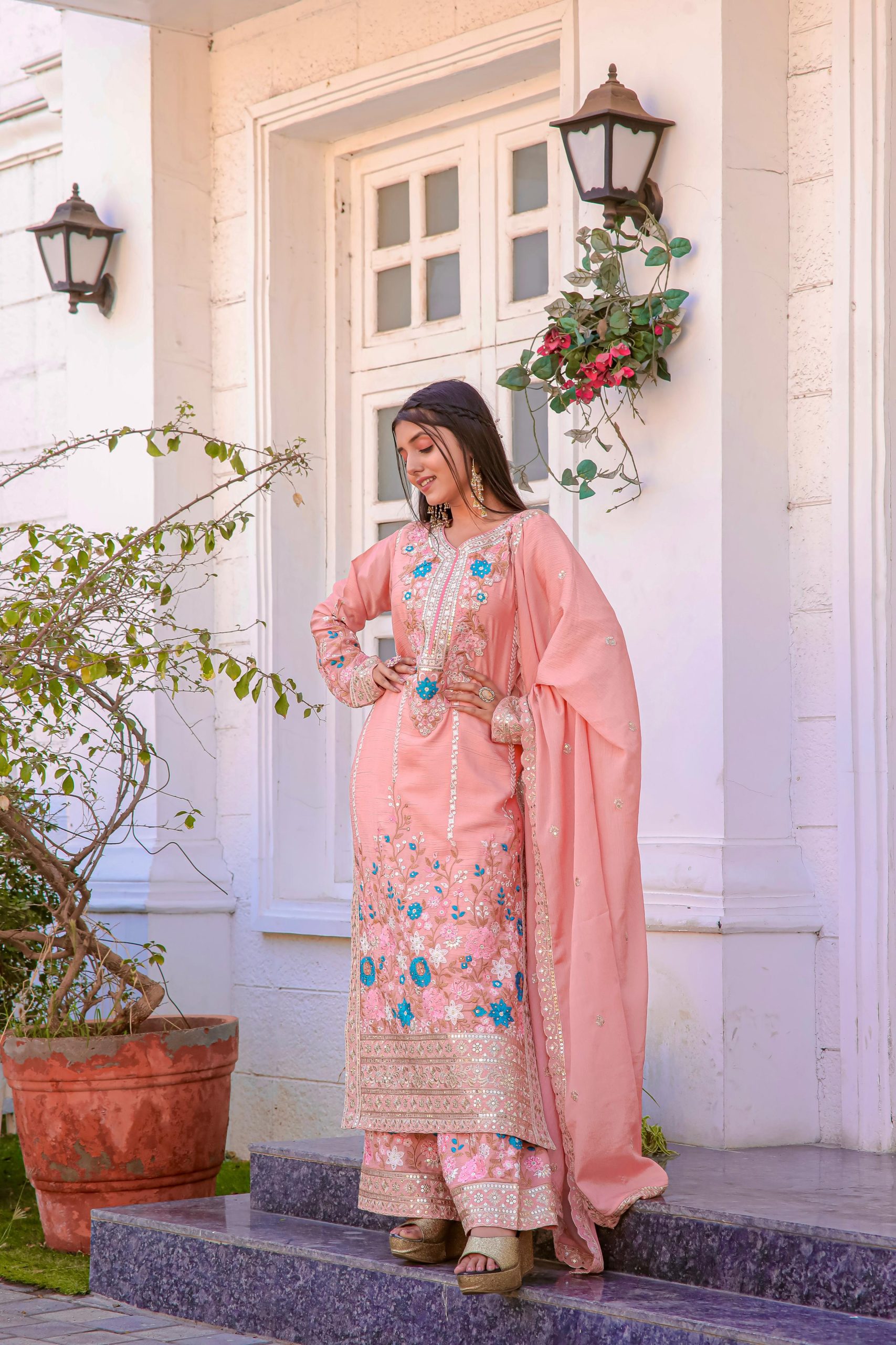 Fancy Peach Color Chinon Silk Diamond Work Sharara Suit