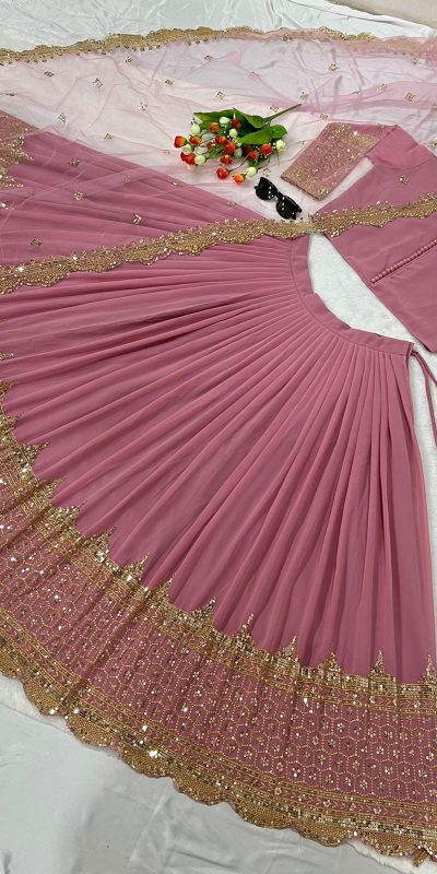 Fancy Peach Color Georgette Embroidery Lehenga Choli