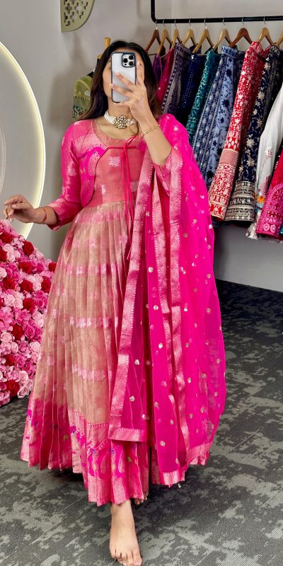 Fancy Pink Color Kota Silk Weaving Jacquard With Koti Gown