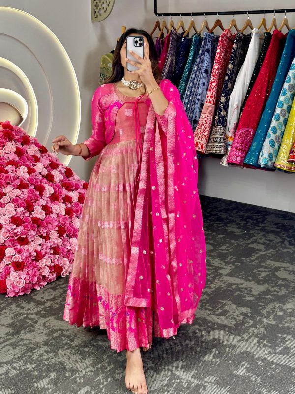 Fancy Pink Color Kota Silk Weaving Jacquard With Koti Gown