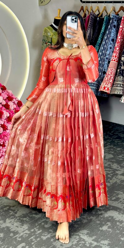 Fancy Red Color Kota Silk Weaving Jacquard With Koti Gown