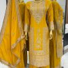 Yellow Chinnon Silk Embroidery Coding Salwar Suit
