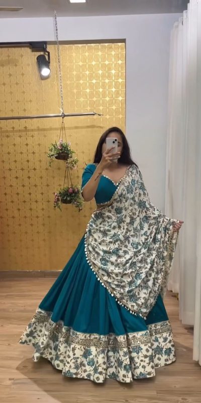 Fine Peacock Blue Color Pure Cotton Sequence Lehenga Choli