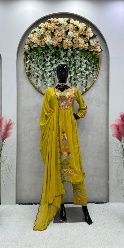 Fine Yellow Color Georgette Embroidery Real Mirror Salwar Suit