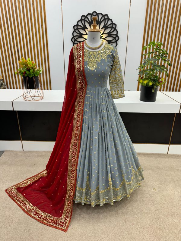 Graceful Cement Color Georgette Embroidery Sequence Work Gown