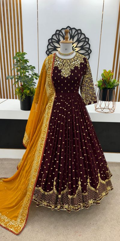 Graceful Maroon Color Georgette Embroidery Sequence Work Gown