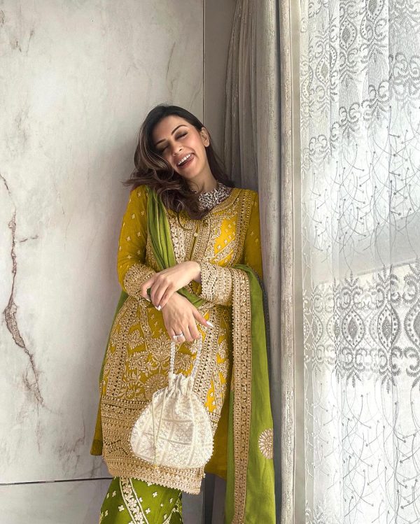 Hansika Motwani Yellow Color Georgette Embroidery Salwar Suit