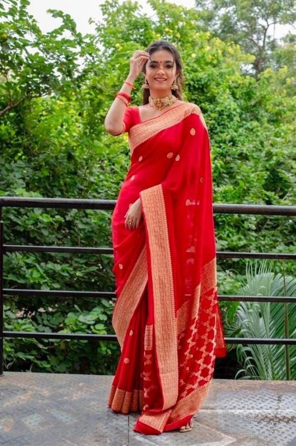 Keerthy Suresh Red Soft Lichi Silk Cloth Jacquard All Over Saree