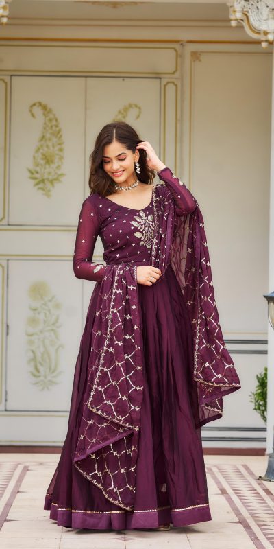 Majestic Purple Color Rangoli Sequence Embroidery Gown