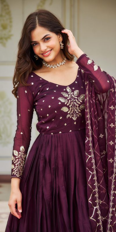 Ram 022 Purple Color Rangoli Sequence Embroidery Gown Casual, Wedding, Festive, Events Expected Delivery 4-6 Working Days @2099/- | Gowns, Bollywood Gowns, Creative Gowns, Designer Gowns, Embroidered Gowns, Party Wear Gowns