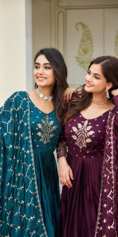 Ram 022 Purple Color Rangoli Sequence Embroidery Gown Casual, Wedding, Festive, Events Expected Delivery 4-6 Working Days @2099/- | Gowns, Bollywood Gowns, Creative Gowns, Designer Gowns, Embroidered Gowns, Party Wear Gowns