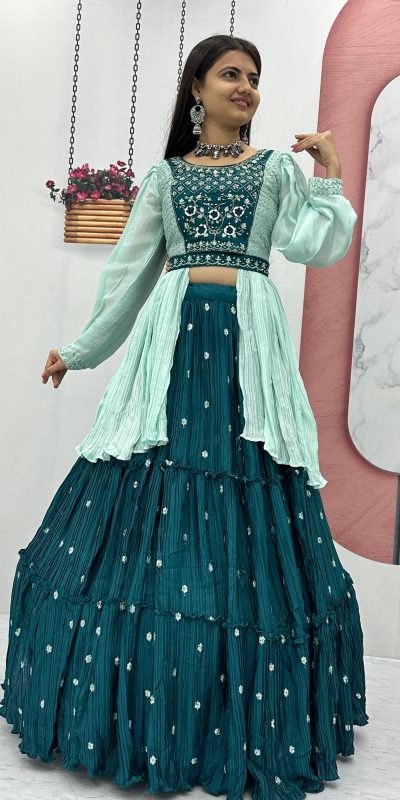 Mesmerizing Green Color Chinon Real Handwork Lehenga Choli