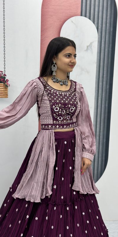 Mesmerizing Purple Color Chinon Real Handwork Lehenga Choli