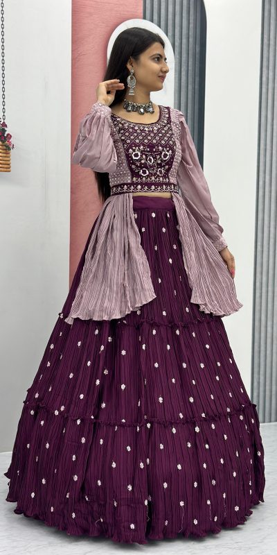 Mesmerizing Purple Color Chinon Real Handwork Lehenga Choli