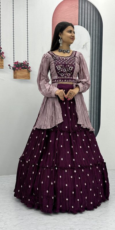 Mesmerizing Purple Color Chinon Real Handwork Lehenga Choli