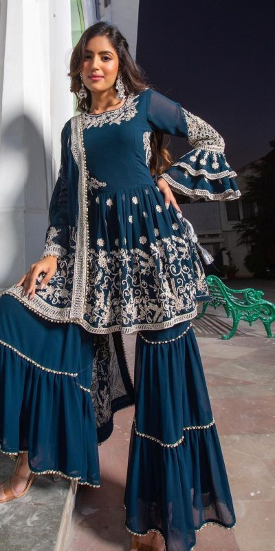 Nice Blue Color Georgette Embroidery Heavy Moti Lace Salwar Suit