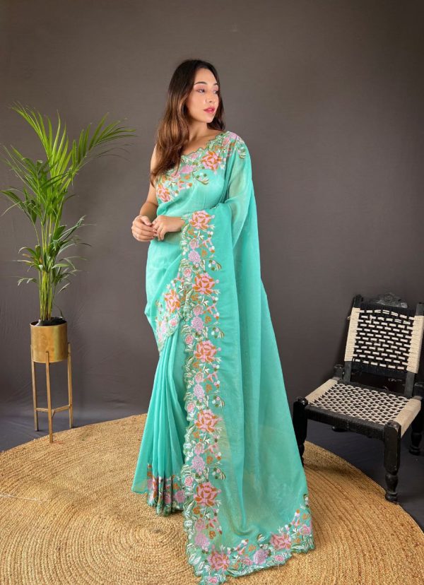 Peaceful Firozi Color Soft Glossy Silk Embroidery Saree