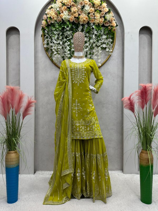 Peaceful Mehndi Color Georgette Thread Sequence Salwar Suit