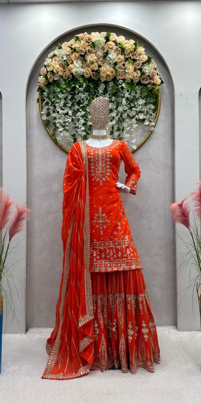 Peaceful Orange Color Georgette Thread Sequence Salwar Suit