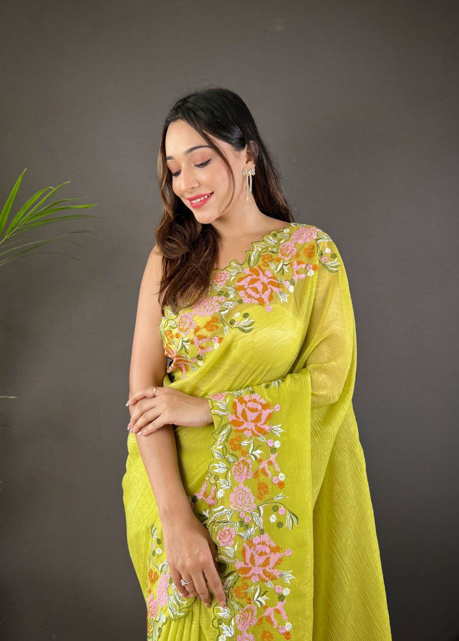 Peaceful Parrot Green Color Soft Glossy Silk Embroidery Saree