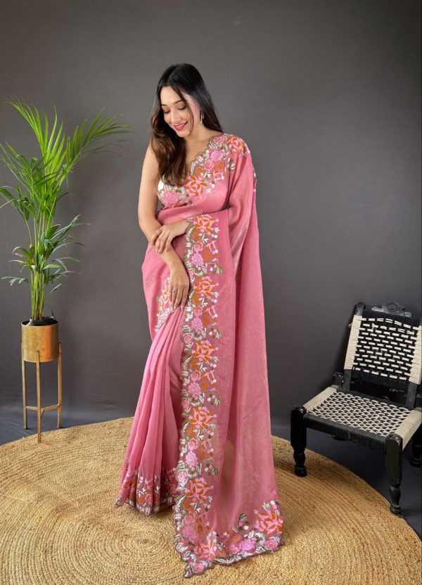 Peaceful Pink Color Soft Glossy Silk Embroidery Saree