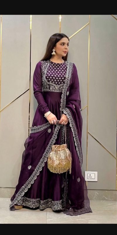 Peaceful Purple Color Georgette Embroidery Sequence Gown