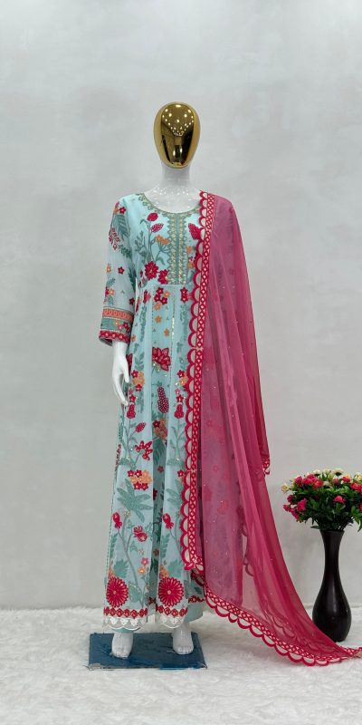 Perfect Blue Color Georgette Embroidered Sequence Salwar Suit