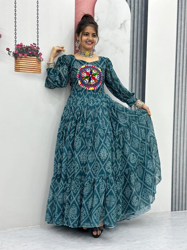 Perfect Green Color Bandhani Printed Gamathi Mirror Work Gown