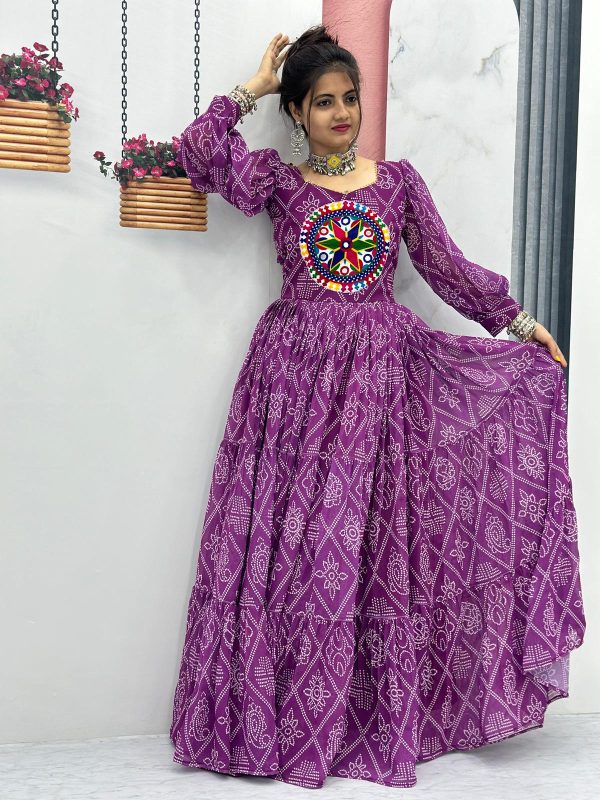 Perfect Purple Color Bandhani Printed Gamathi Mirror Work Gown