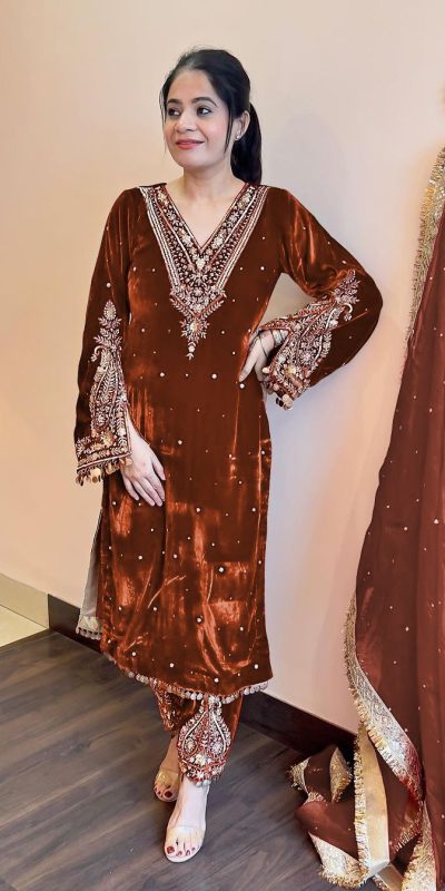 Pretty Brown Color Heavy Pure Viscose Velvet Embroidery Sharara Suit