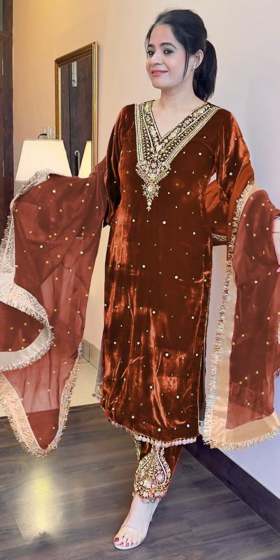 Pretty Brown Color Heavy Pure Viscose Velvet Embroidery Sharara Suit