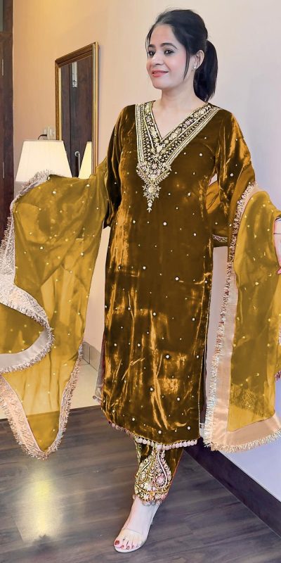 Pretty Mustard Color Heavy Viscose Velvet Embroidery Sharara