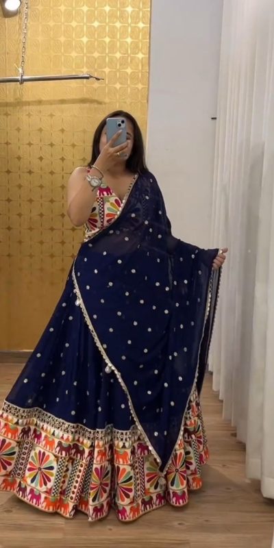 Pure Navy Blue Color Mono Slab Heavy Gamathi Work Lehenga Choli