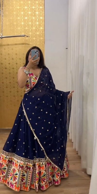 Pure Navy Blue Color Mono Slab Heavy Gamathi Work Lehenga Choli