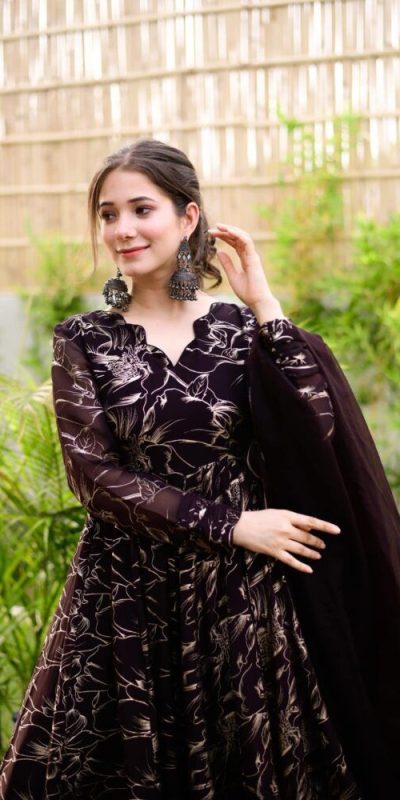 Splendorous Coffee Color Georgette Digital Printed Salwar Suit