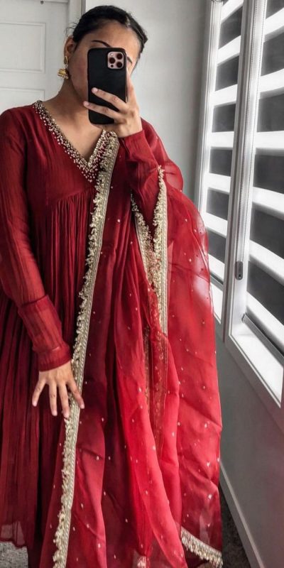 Sublime Red Color Pure Chinon Silk Embroidery Sharara Suit