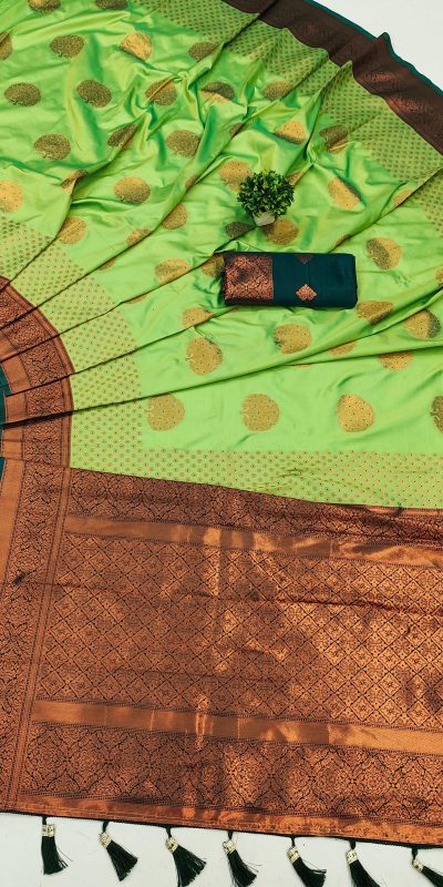 Superb Parrot Green Color Soft Silk Copper Zari Design Saree