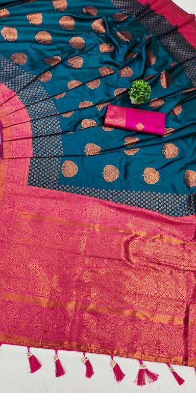 Superb Peacock Blue Color Soft Silk Copper Zari Design Saree