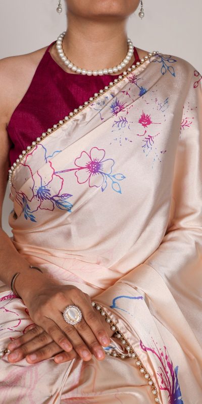 YNF 7028 Cream Color Satin Silk Floral Printed Lace Border Work Saree Casual Party Wear, Wedding, Events Etc. Expected Delivery 4-6 Working Days @1599/- | Sarees, Bollywood Sarees, Creative Sarees, Designer Sarees, Embroidered Sarees, Ethnic Saree, Modern Digital sarees, Party Wear Sarees