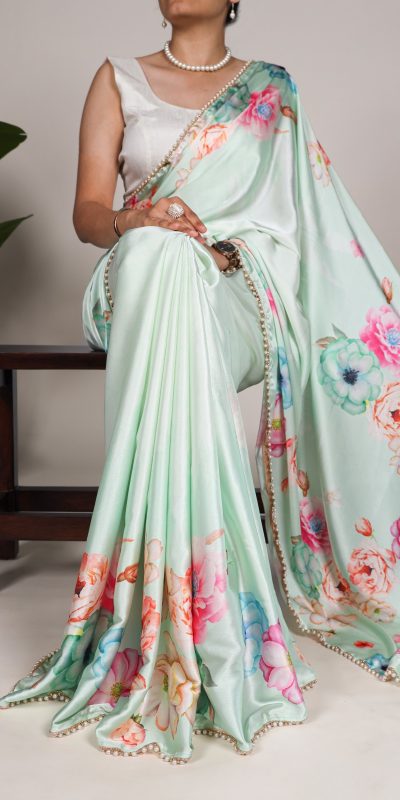 YNF 7028 Pista Color Satin Silk Floral Printed Lace Border Work Saree Casual Party Wear, Wedding, Events Etc. Expected Delivery 4-6 Working Days @1599/- | Sarees, Bollywood Sarees, Creative Sarees, Designer Sarees, Embroidered Sarees, Ethnic Saree, Modern Digital sarees, Party Wear Sarees