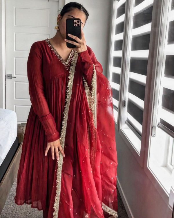 AD 152 Red Color Pure Chinon Silk Embroidery Sharara Suit Fancy Full Sleeve Wedding, Party, Festive, Events Etc. Expected Delivery  4-6 Working Days @1799/ | Jump Suits, Salwar suit, Casual Suits, Creative suits, Designer Suits, Palazzo Suits, Party Wear Suits, Patiala Suits, Straight Suits