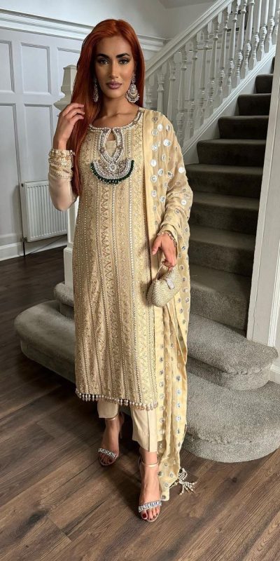 Alluring Cream Color Georgette Thread Sequence Salwar Suit