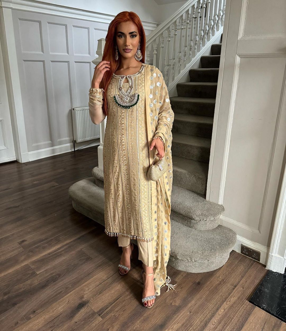 Alluring Cream Color Georgette Thread Sequence Salwar Suit