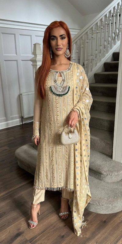 Alluring Cream Color Georgette Thread Sequence Salwar Suit