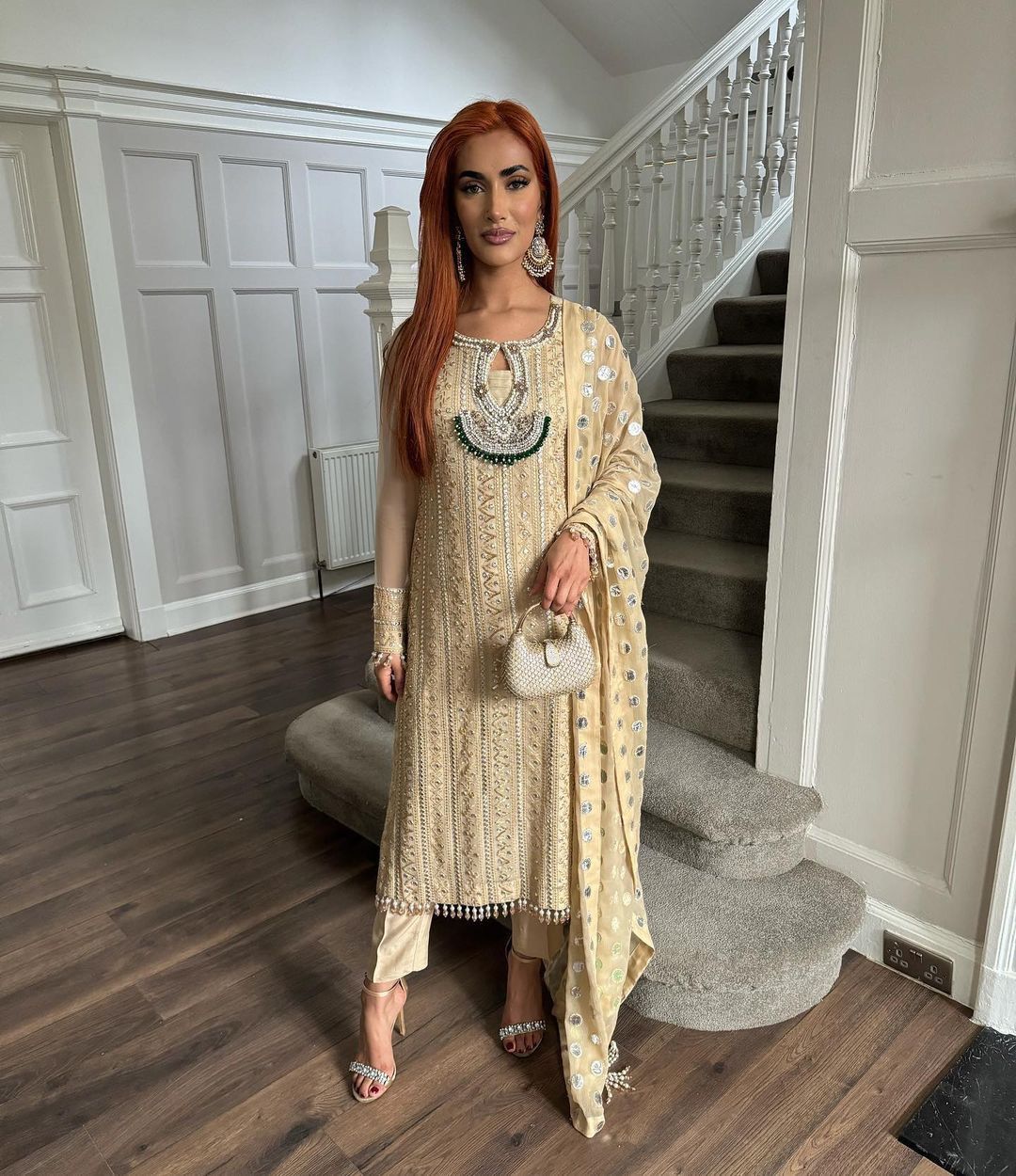 Alluring Cream Color Georgette Thread Sequence Salwar Suit