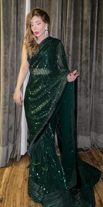 Attractive Green Sequin Georgette With Embroidery Work Saree