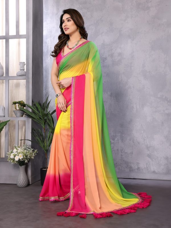 Attractive In Green Pink Color Faux Peding Georgette Party Wear Saree